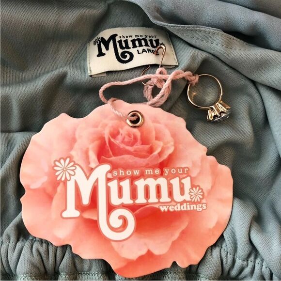 Show Me Your Mumu‎ Kendall Maxi Dress V Neck Slit Blouson Silver Sage Blue L nwt - Picture 4 of 7